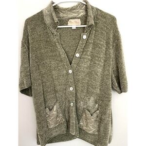 Rena Ribal Cardigan Sweater Women L Short Sleeve Knit Button Up Woven Pocket USA